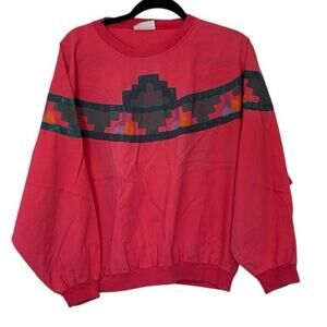 Vintage 80s Long Sleeve T-Shirt Size L Hand Painted Graphic Pink Aztec Cotton